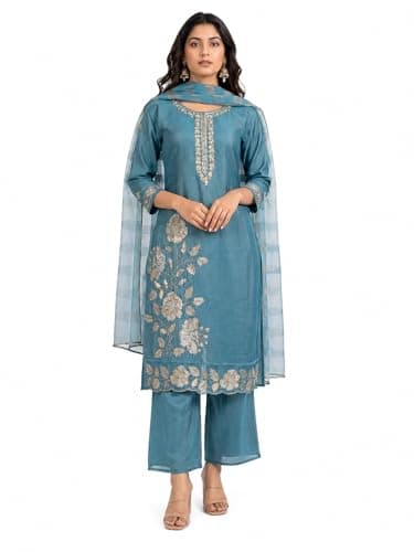 Women’s Muslin Silk Festive Suit Set with Soft Tissue Organza Dupatta | Elegant Ethnic Kurta & Pant Outfit (US, Alpha, Medium, Regular, Regular, Peacock Blue)