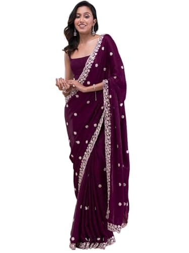 TRENDMALLS Women's Satin Sequence work Saree with Unstitch Blouse Piece (K1120-Purple-)