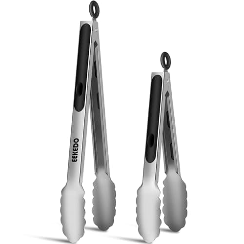EEKEDO Stainless Steel Tongs for Cooking, Heat Resistant 600 Degrees Metal Kitchen Tongs with Silicone Grip, Locking Tongs for BBQ, Grilling, Serving, Salad, Dishwasher, Set of 2(9" and 12")