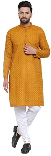 Maple Clothing Men's Cotton Chikan Festival Kurta Pajama India Apparel (Mustard, M)
