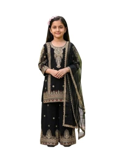 Cholista Girls Salwar Kameez Set with Dupatta for Kids Eid Special Ethnic Wear Traditional Dress for Girls (Black, 12-13 Years)