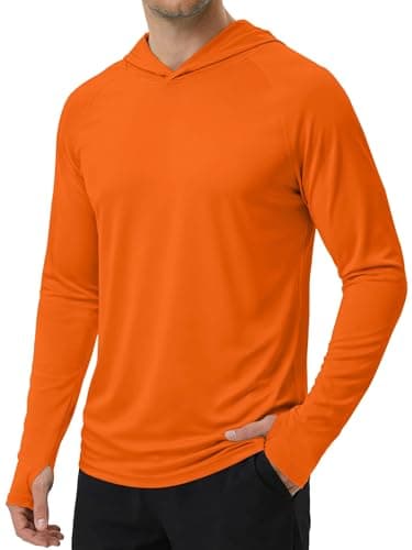 KINSWT Men's Hooded UPF 50+ Sun Protection T Shirts Long Sleeve Athletic Fishing Shirts Rash Guards Fluorescent Orange L