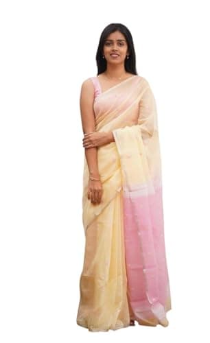 MOHIT CREATIONS Khadi Viscose Saree with Georgette Blouse Piece, Floral Pattern, Festival Wear, Sequin Work (CreamPink)