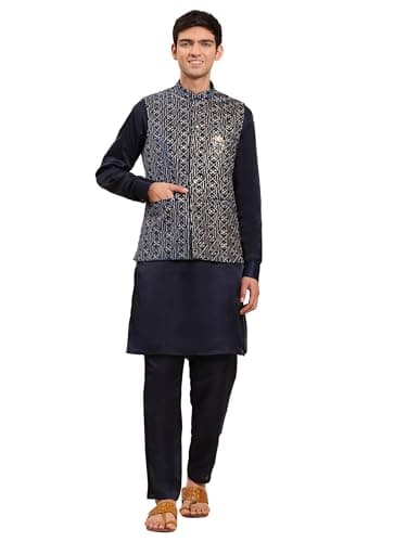 Pro-Ethic Style Developer Mens Indian Traditional Cotton Kurta Set With Velvet Jacket (Waistcoat) For Men (C-116) Blue Small