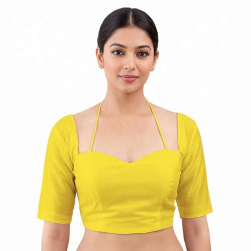 Women’s Sweetheart Neck Dupion Crop Top Saree Blouse with Spaghetti Strap, Back Hook & Eye Closure, Backless Design Padded Yellow
