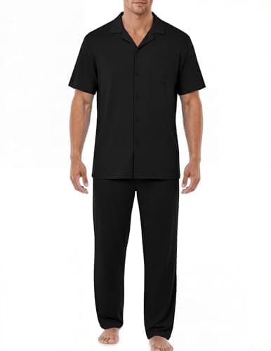 EKouear Mens Pajamas Set Short Sleeve pjs sets Classic Button Down Sleepwear Long Pants Lounge Set with Pocket,Black,Large