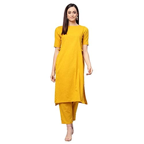 Idalia Mustard Color Kurta Set for Women Straight Cotton 3/4 Sleeve, Round V Neck Kurta with Palazzo Pant Set