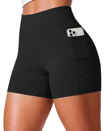 JEKAOYI Women's Workout Shorts, 4.5" No Front Seam Yoga Biker Tummy Control Gym Volleyball Spandex Shorts with Pockets Jet Black