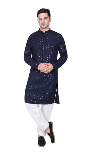 TRILOKI Mens Embroidered Sequined Kurta Pajama Set Rayon Ethnic Indian Traditional Wear Ethnic Diwali Puja Kurta Payjama Set