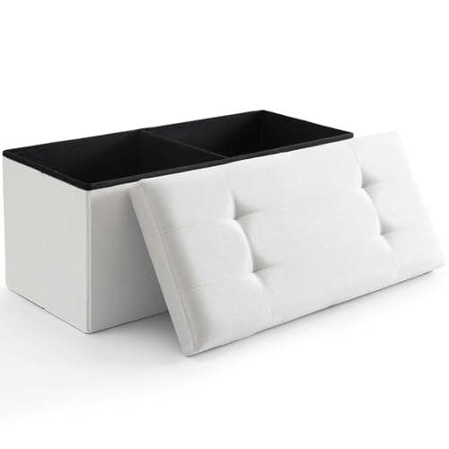 CUYOCA Storage Ottoman Bench Foldable Seat Footrest Shoe Bench End of Bed Storage with Flipping Lid, 75L Storage Space, 30 inches Linen Fabric White, OT026WS