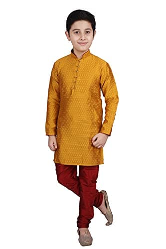 Pro-Ethic Style Developer Kid's Indian Clothing Traditional Wear Silk Kurta Sets for Boys | Pack Of 1 (Mustard, 11-12 Years)