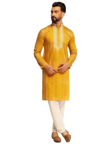 Sojanya (Since 1958 Men'S Cotton Silk Elegant Neck Embroidered Mustard Kurta With White Pyjama