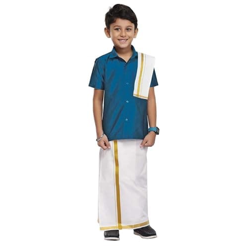 Chandrakala Boys Silk Blend Shirt with Kasavu Mundu, Dupatta & Dhoti Set | Kids Indian Traditional Party Wear | Bollywood Style Wedding Dress for Boys,1-2 Years Teal Blue-M (KB101TEA2)