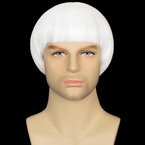 Miss U Hair Short Straight White Bowl Cut Wig with Bangs for Men 60s style Cosplay Wig for Halloween Party