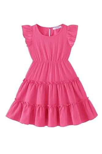Arshiner Toddler Hot Pink Dress for Girls Ruffle Sleeveless Tiered Swing Twirly Dresses Cute Summer Beach Sundress Size 7