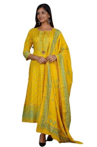 Women’s Anarkali Kurta Set — Soft Rayon 140 GSM Ethnic Flared Kurti with Dupatta — Dress for Festive, Casual & Occasion Wear (US, Alpha, X-Large, Regular, Regular, Yellow)