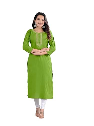 Meyali Womens Plain Cotton Kurti Top | Straight Fit Round Neck Kurta | 3/4 Sleeves Tunic Top | Casual Indian Kurti for Women - Green