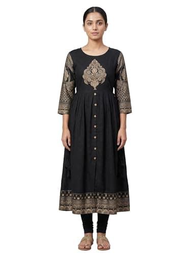 ladyline Womens Rayon Anarkali Kurti with Foil Print & Handwork | Trendly Flared Long Kurta Set | 3/4 Sleeves | Ethnic Indian Dress (REK LLTR) (36/ Black)