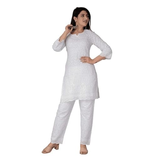 Chikankari Cotton Indian Kurtis for Women Summer Dresses Tunic Top Pant Set Pakistani Salwar Kameez Suit Set White-(Large)