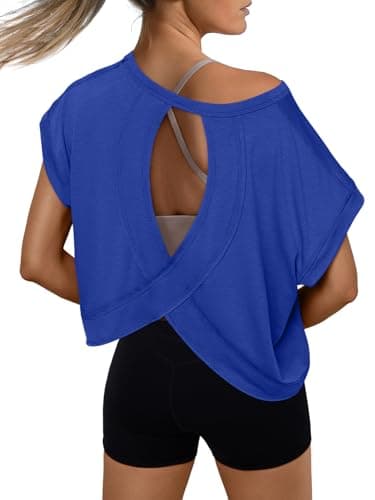 AUTOMET Womens Open Back Workout Crop Tops 2026 Summer Backless Cute Short Sleeve Athletic Shirts Oversized Gym Yoga Tee Royal Blue S