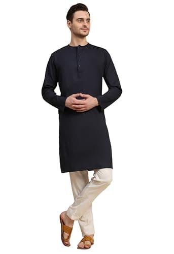 SKAVIJ Men's Pure Cotton Solid Kurta Pajama Set Round Neck Daily Wear Casual Yoga Dress (KP096blue_Blue_XL)