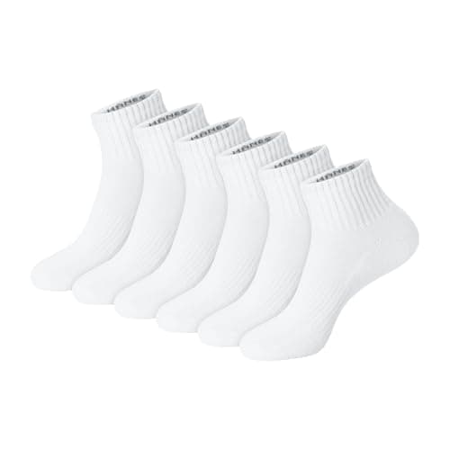 HANES Unisex Plain White Socks Pack or Plain Black Socks Pack, 6 Pairs, Cushioned Ankle Style