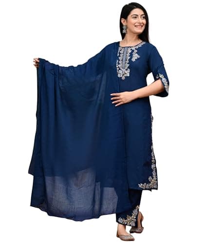 Primvo Women Cotton Taj Kurta Set 3 Piece | Indian Wedding Guest Outfit | Indian Kurta Set for Women | Indian Dresses for Women (US, Alpha, X-Large, Regular, Regular, Royal Blue)
