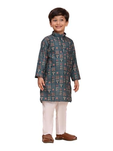 Pro-Ethic Style Developer Boys Heavy Cotton Printed Kurta Set for Kid's | Indian Ethnic Wear | Traditional Party Wear | Green | 6-7 years (S-280)