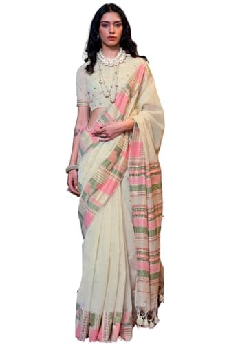 SGF11 Women's Kanjivaram Soft Cotton Linen Silk Sarees With Unstitched Blouse Piece 6.3metres (Cream)
