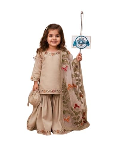 QLUVA Girls Salwar Kameez Set with Dupatta for Kids Eid Special Ethnic Wear (Gold, 4-5 Years)