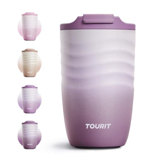 TOURIT 12 oz Travel Coffee Mug, Vacuum Insulated Stainless Steel Tumbler with Ripple-Wave Anti-Slip Grip, Built-in Silicone Bottom for Quiet & Stable, Leak-Proof Lid, Fits Car Cup Holder, Mist Purple