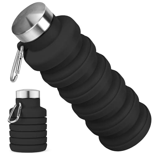 Rotayi Collapsible Water Bottle, 16oz Portable Reusable Silicone Water Bottle with Carabiner for Gym, Travel, Camping, Hiking, Sports, Lightweight, BPA-Free, Leak-Proof, Foldable Design, Black