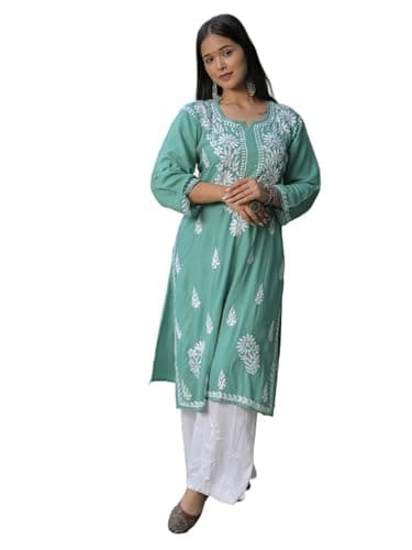 zomiconice Women's Kurta Set Embroidered Chikankari Kurta with pant ethnic Indian wear- Lucknow Chikankari (Mint Green, 40)
