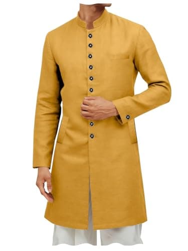 ONAXTDA Mens Stand Collar Linen Cotton Kurta Sherwani Coats Kaftan Spring Summer Micro Stretchy Long Outerwear Gold M