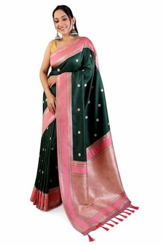 Indian Women's Bottle_Green Soft Silk Floral_Butta Saree With Unstitched Blouse Piece Partywear/Wedding Indian Gift Item Pack Of 1 (Green Pink)