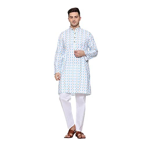 ITOS365 Men Cotton Printed Kurta Pyjama Pajama Set Party Fashion Regular Ethinic Wear Indian Dress Gift for Men White Tirquiose Gifts Items XL