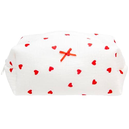 PAZIMIIK Cozy Makeup Bag Small Aesthetic Travel Zipper Cosmetic Pouch for Women Make Up Beauty Accessories Brushes,Heart Red