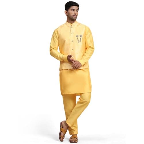 Pro-Ethic Style Developer Silk Kurta Set for Men's with Floral Jacket (Waistcoat) Traditional Ethnic Wear Indian Wedding & Party outfit Set (C-109) Yellow S