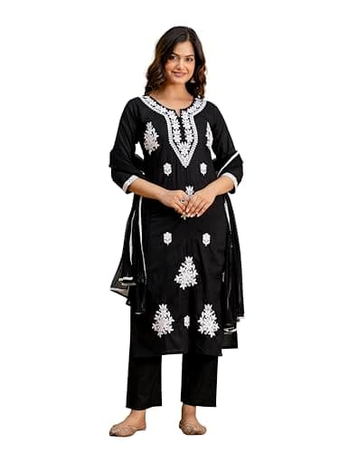TRENDMALLS Women's Cambric Cotton Embroidery Kurta Pant with Dupatta Set (G369-Black-S)