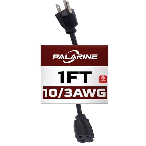 PALARINE 1ft Black Extension Cord Waterproof, UL Listed, 10/3 SJTW Heavy Duty 3 Prong, 10 Gauge 15A Power Cord Ideal for Lights, Appliances, and Lawn