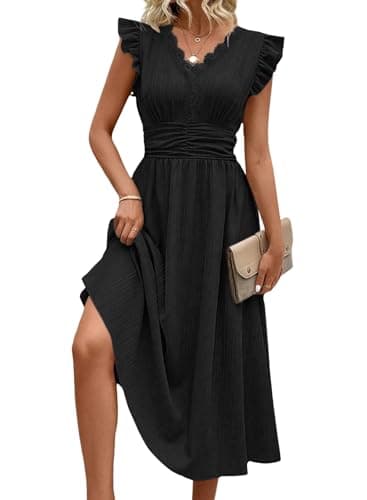 SHEWIN Women Summer Dress Ruffle Short Sleeve V Neck Dresses Boho Semi Formal Wedding Guest Party Outfits Solid Elegant Dressy Casual 2026 Clothes Vestidos De Mujer Size M, Black
