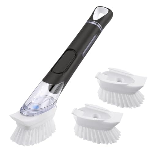 SetSail Dish Brush with Soap Dispenser, Stiff Bristles with Built-in Scraper Dish Scrubber with 3 Pack Replaceable Brush Head Dish Scrub Brush with Non-Slip Handle for Kitchen Sink, Dishes, Pans, Pot