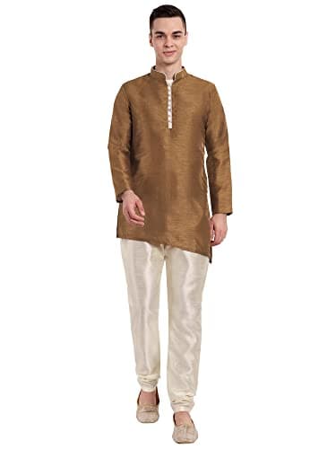 SKAVIJ Men's Art Silk Self Design Kurta Pajama Set Mandarin Collar 2-Piece Ethnic Festive Dress (KP071brown_Brown_S)