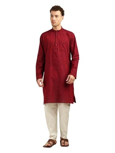 ITOS365 Men’s 100% Cotton Kurta Pajama Set | Solid Long Kurta with White Pajama Pants | Indian Traditional Ethnic Outfit for Wedding, Party & Festival (Wine) S