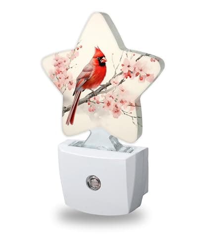 Snowmolle Cardinal Bird Night Lights Plug Into Wall,Spring Peach Blossoom Flowers Dusk to Dawn Light Sensor Night Light for Kids, Energy Efficient Sleep Friendly Lamp for Bedroom Bathroom Nursery