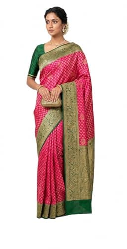 KAMLA CREATION Women’s Banarasi Silk Saree with Golden Zari Border Elegant Festive & Wedding Wear with Unstitched Blouse Piece (Pink and green)