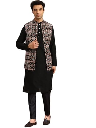 KISAH Men's Kurta, Front Open Jacket & Pajama Set - Indian Ethnic Kurta Waistcoat Pant Set for Weddings & Festive Occasions, Black-1-38