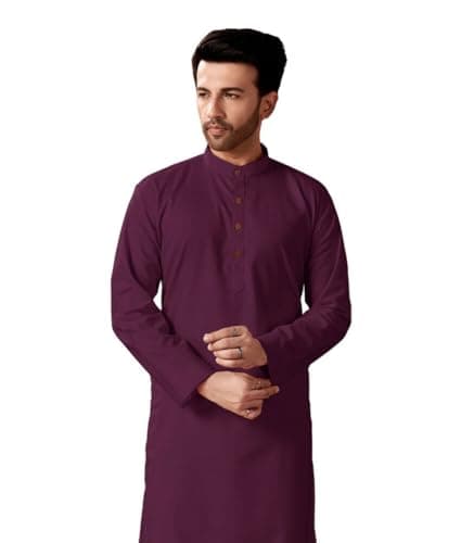 In-Sattva Men's Indian Classic Banded Collar Pure Cotton Long Kurta Tunic; Ruby Wine; XL