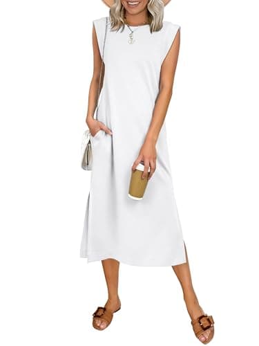 ANRABESS Womens Summer Casual Midi Dress Sleeveless Crewneck Loose Split Wrinkle-Free Beach Travel Vacation Long Sundress Medium White