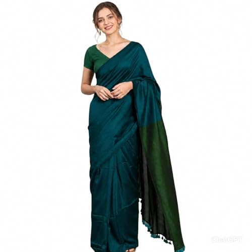 Pure Cotton Saree for Women with Blouse Piece, Soft Traditional Indian Sari for Party Wear, Wedding, Festival (Teal Green)